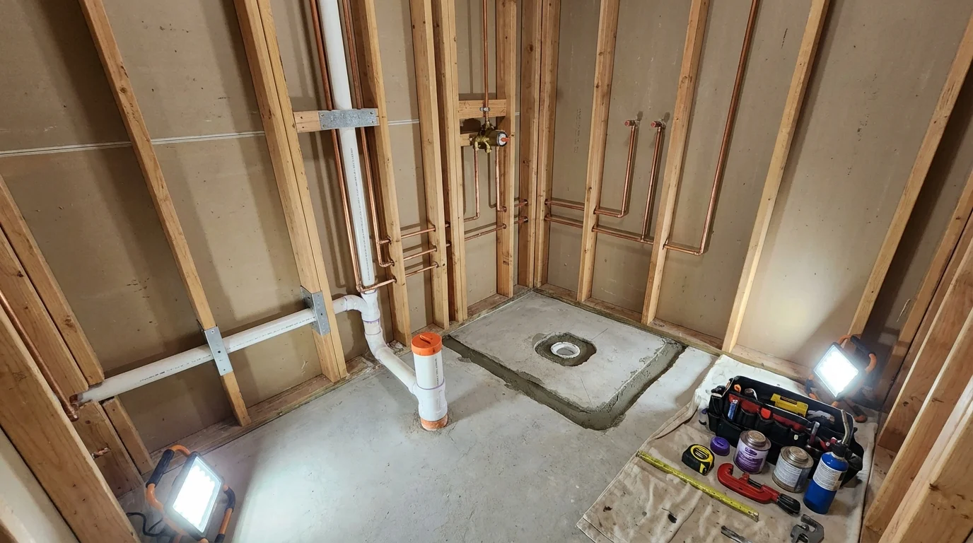 Bathroom rough-in plumbing during remodel by Johns Plumbing LLC in Pittsburg