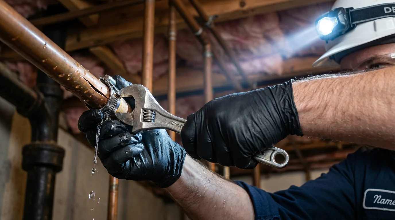 Emergency pipe clamp repair being performed by a Johns Plumbing LLC plumber in Pittsburg