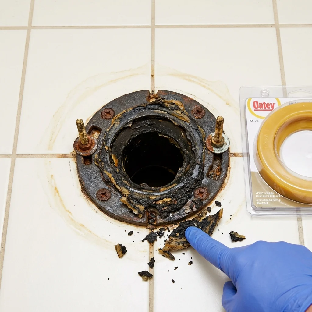 Failed wax ring showing water seepage at the base of a toilet in a Pittsburg, TX home