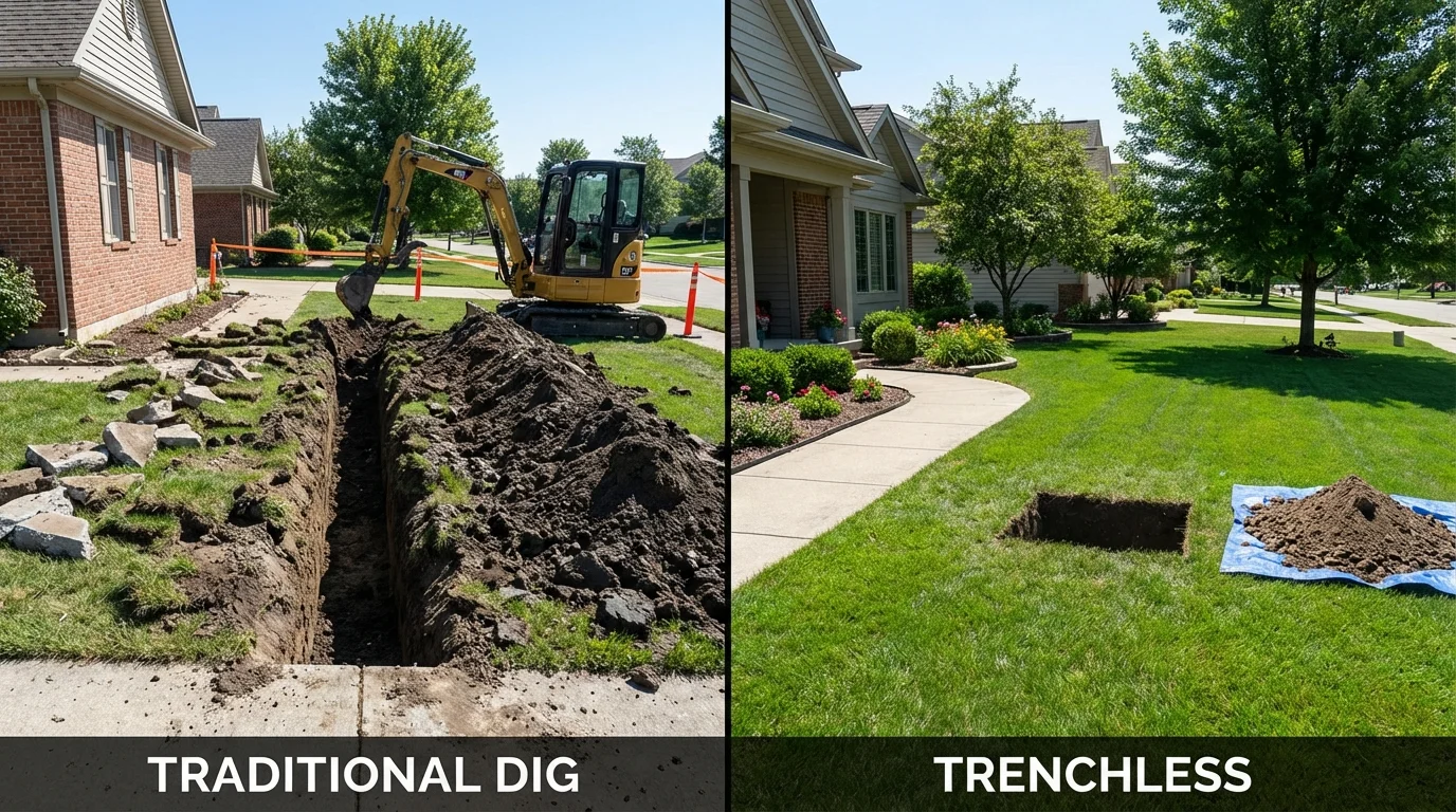 Trenchless sewer repair with minimal yard damage versus traditional excavation in Pittsburg, TX