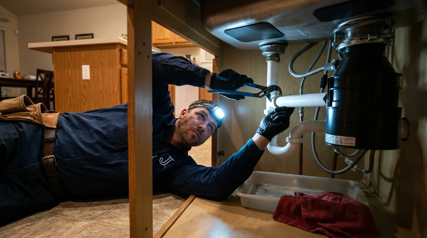 P-trap and supply line connections under a kitchen sink showing a common leak point in Pittsburg, TX
